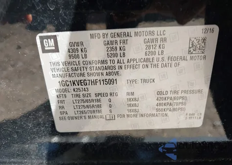 2017 Chevrolet Silverado 2500Hd Lt z USA, uszkodzony, nr VIN 1GC1KVEG7HF115091